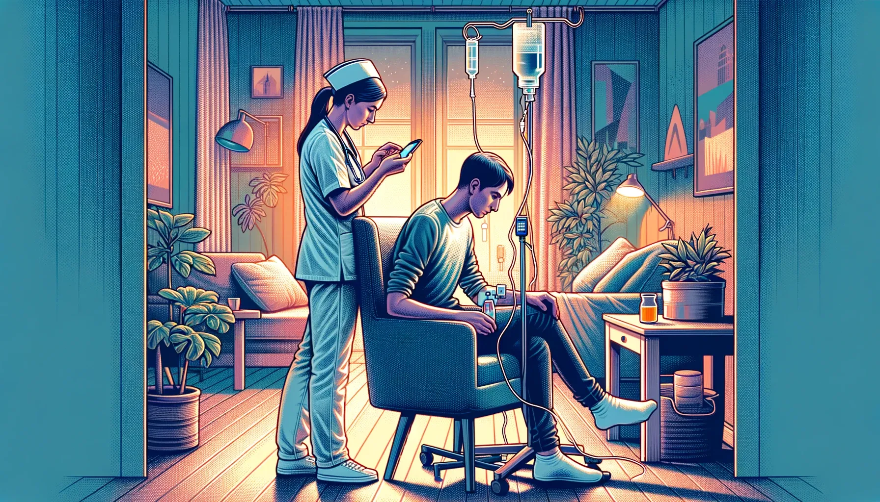 Illustration of a patient receiving IV medication at home